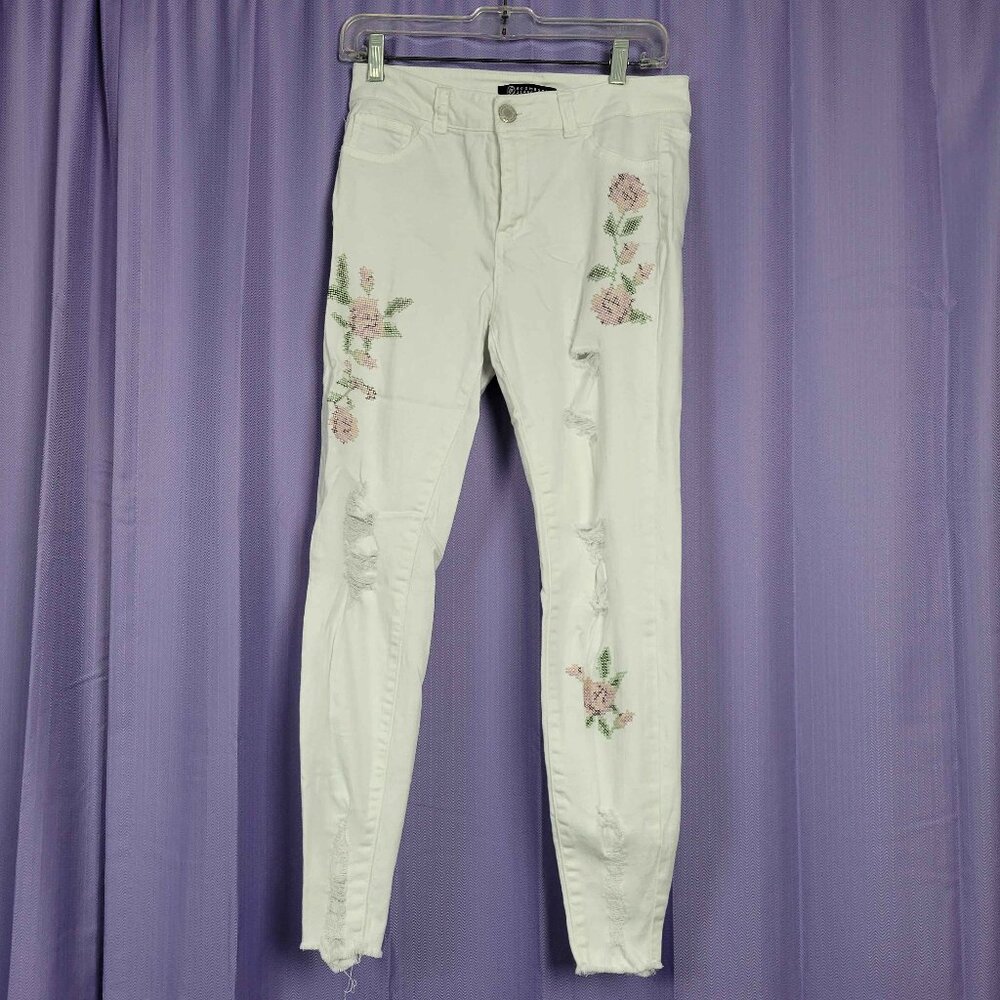 Boom Boom Jeans White Distressed With Cross-stitch Pattern